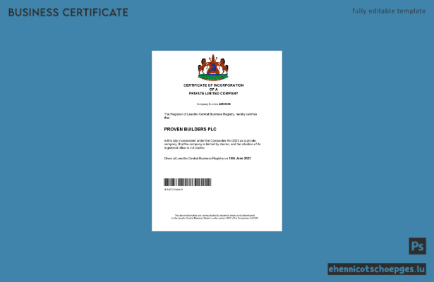 Beispiel eines Firmenregistrierungszertifikats aus Lesotho (Word- und PDF-Datei)